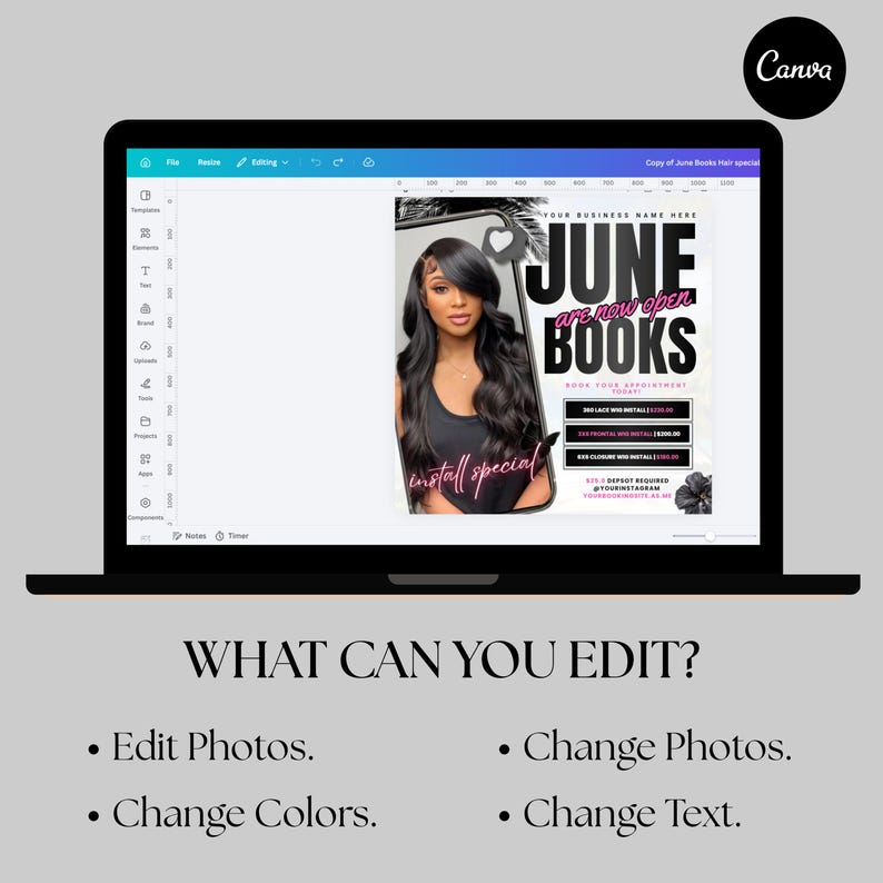 Pu&ograve; includere: Lo schermo di un laptop mostra una grafica promozionale per un servizio di parrucchiere. La grafica presenta una donna con lunghi capelli scuri e il testo "JUNE BOOKS are now open". Il testo aggiuntivo include "install special" e i dettagli del servizio.