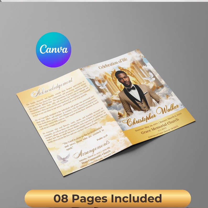 8 page White and Gold roses Funeral Program Template, Memorial Program, Obituary Book, Celebration of Life, In Loving Memory Editable Design image 5