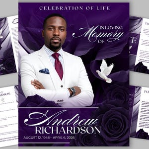 Puede incluir: Una plantilla de programa funerario con el retrato de una persona con traje blanco y corbata granate, sobre un fondo morado oscuro con rosas grandes y una paloma blanca. El texto dice CELEBRATION OF LIFE, IN LOVING MEMORY OF y Andrew Richardson.