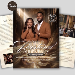 May include: A flyer for a Fifteenth Pastoral Anniversary featuring a man and woman in brown blazers. The text includes Nov 3rd 2PM, Guest Speaker, Pastor Michael Thompson, Mt. Lebanon Baptist Church, 8408 Biggin Hill Ln, Louisville, KY 40220, Pastor Octavious Cox, and Lady Mischell Cox.