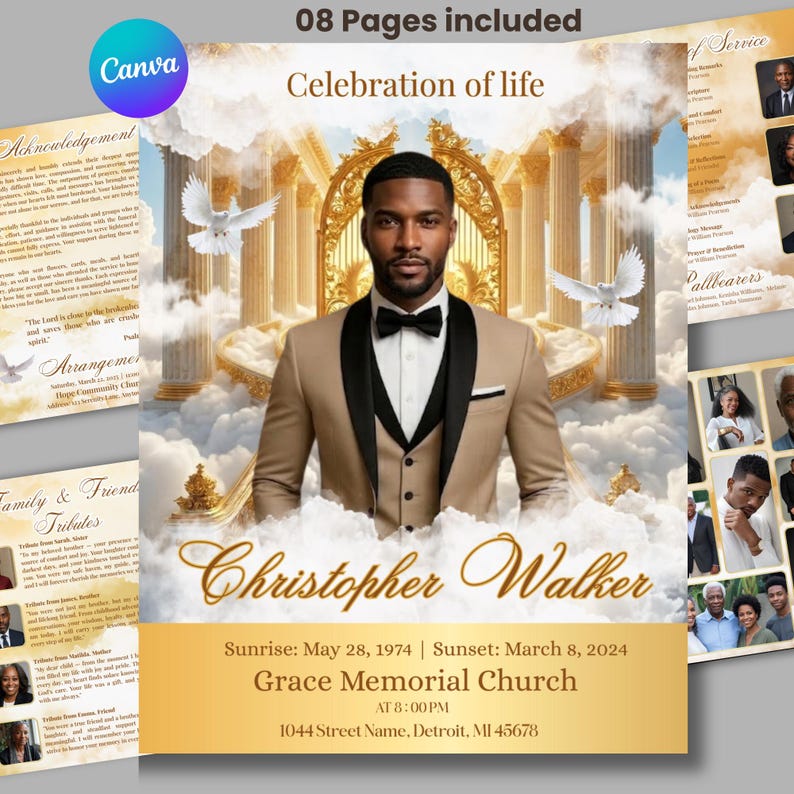 8 page White and Gold roses Funeral Program Template, Memorial Program, Obituary Book, Celebration of Life, In Loving Memory Editable Design image 1