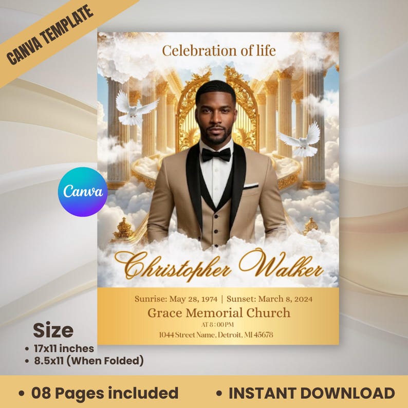 May include: A Canva template for a memorial service. The design features a man in a tan suit with a black bow tie, set against a backdrop of clouds, doves, and a golden structure. Text includes "Celebration of Life" and "Christopher Walker."