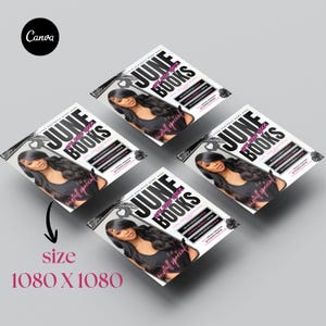 Pu&ograve; includere: Quattro volantini quadrati con il testo "JUNE BOOKS are now open" e l'immagine di una donna. I volantini sono disposti in diagonale, con il testo "install special" in rosa. La dimensione &egrave; 1080 x 1080.
