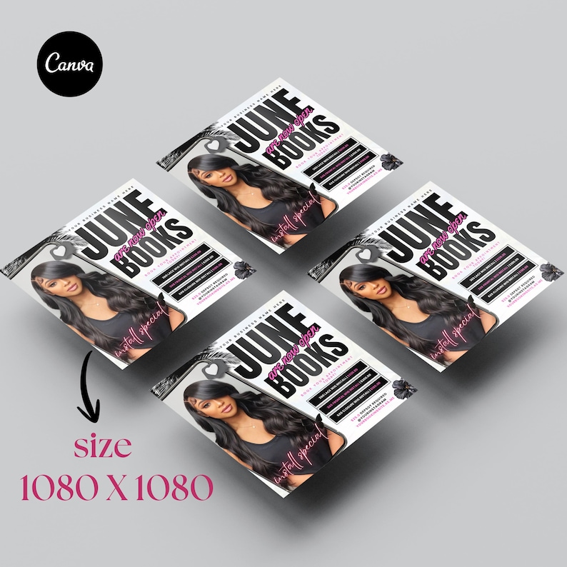 Pu&ograve; includere: Quattro volantini quadrati con il testo "JUNE BOOKS are now open" e l'immagine di una donna. I volantini sono disposti in diagonale, con il testo "install special" in rosa. La dimensione &egrave; 1080 x 1080.