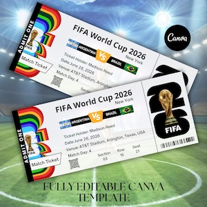 Pode incluir: Dois bilhetes para o jogo da Copa do Mundo FIFA 2026. Os bilhetes apresentam o jogo Argentina contra Brasil em Nova York. Apresentam o logotipo da FIFA, um design de arco-íris e o texto "FULLY EDITABLE CANVA TEMPLATE."