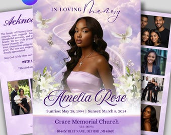Purple Roses Funeral Program Template: 8-Page Memorial (Canva, PDF Download)