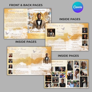 May include: A memorial trifold brochure with a gold and white color scheme. The brochure includes photos, text, and the name "Christopher Walker." The Canva logo is visible in the upper right corner.