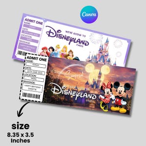 May include: Two Disneyland Paris tickets. The top ticket is lavender with the text "We're going to Disneyland Paris" and features Disney princesses. The bottom ticket has Mickey and Minnie Mouse, and the text "Surprise!" The tickets are 8.35 x 3.5 inches.
