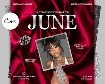 June Booking Flyer template red, Monthly Bookings, Summer Booking Flyer, June Books Open, Hair Nails Lash Makeup, Canva Template, Editable
