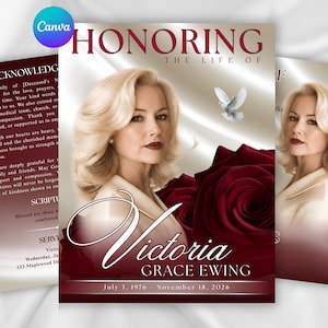 Puede incluir: Una plantilla de programa funerario titulada HONORING THE LIFE OF Victoria Grace Ewing, con el retrato de una persona rubia, rosas de color rojo intenso y una paloma blanca. El texto incluye las fechas de nacimiento y fallecimiento, 3 de julio de 1976 - 18 de noviembre de 2026.