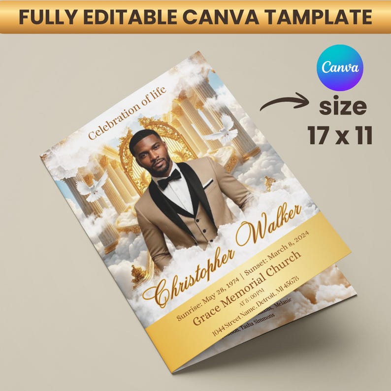 May include: A folded brochure with a photo of a man in a tan suit, a black bow tie, and a white shirt. The brochure is labeled "Celebration of Life" and includes the text "Christopher Walker" and "Grace Memorial Church" with a size of 17 x 11 inches.