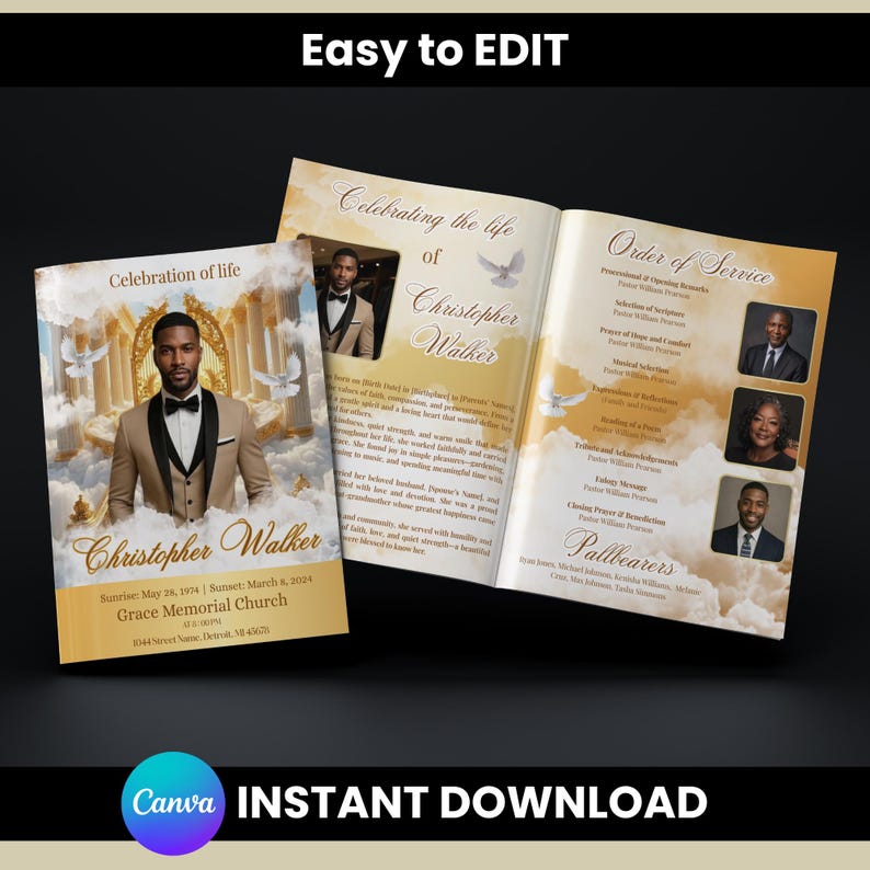 May include: A memorial service program with a gold and white color scheme. The cover features a photo of Christopher Walker, with the text "Celebration of Life." Inside, the program includes an order of service and photos. The text "Easy to EDIT" and "INSTANT DOWNLOAD" are also visible.