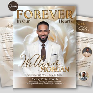 May include: A funeral program template featuring a portrait of a man in a cream suit and brown tie, overlaid on a white rose background. Text includes FOREVER In Our Hearts, William MORGAN, November 20, 1975 – June 15, 2026, and Victory Praise Church.