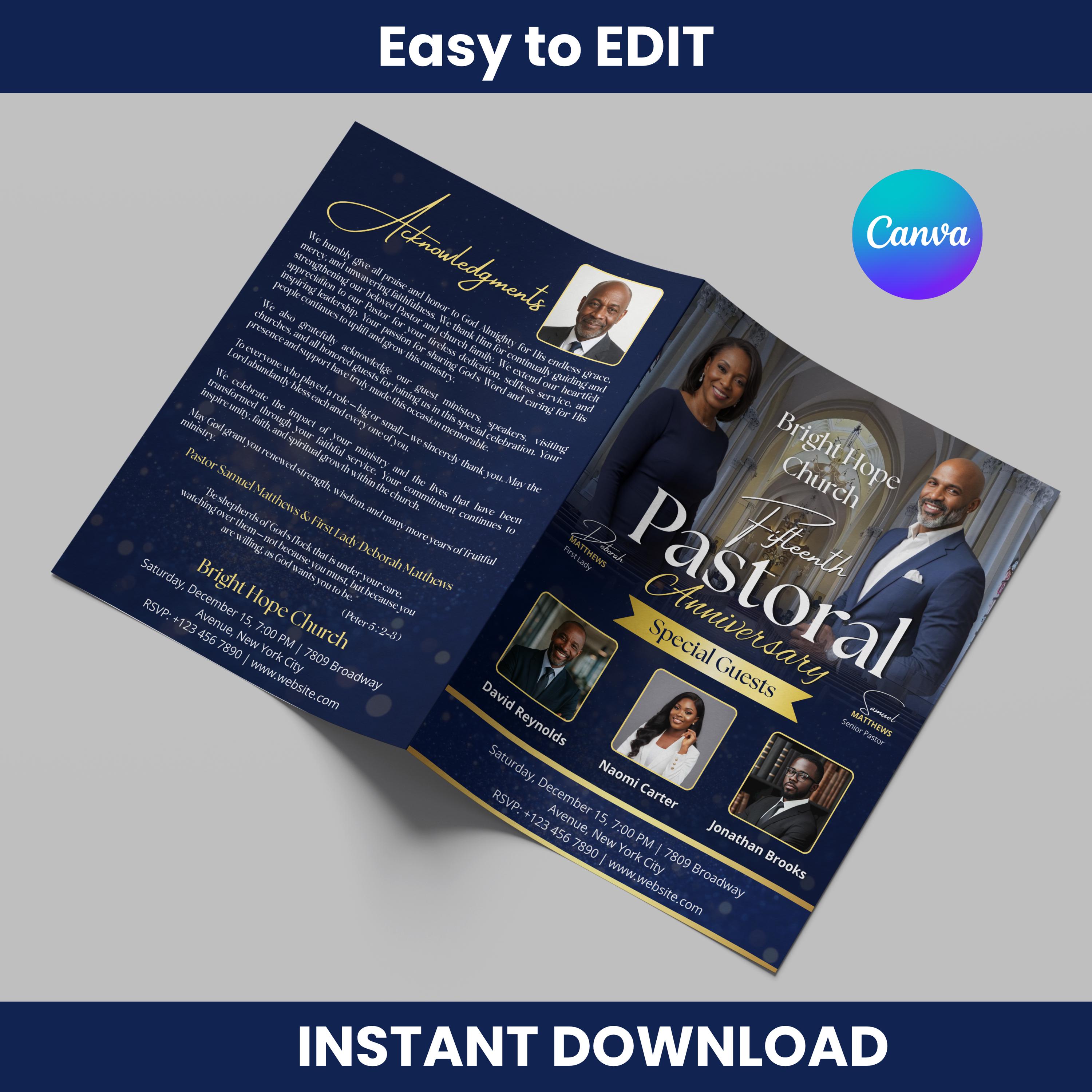 Church Program Template Canva Editable Pastoral Anniversary Program ...