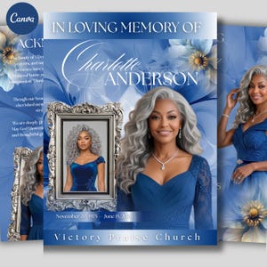 Puede incluir: Una plantilla de programa funerario con fondo floral azul, el texto IN LOVING MEMORY OF Charlotte ANDERSON, 20 de noviembre de 1975 - 15 de junio de 2026, y Victory Praise Church. Incluye un marco plateado adornado con el retrato de una persona.