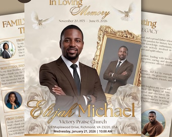 8-Page white Funeral Programs Template, Bi-Fold Memorial Program, Obituary Template, Celebration of Life, Editable Digital Download
