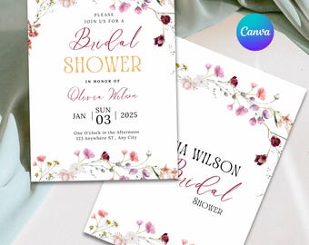Wildflower Bridal Shower Invitation with 3 back | Garden Party Bridal Shower Invite | Elegant Floral Bridal Shower | Editable Canva Template