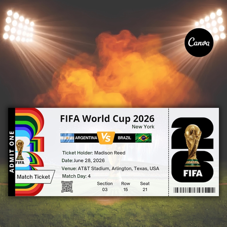 Customized FIFA World Cup 2026 Ticket | Matchday Ticket | Editable Birthday Voucher for Him | Digital Download | Football Gift