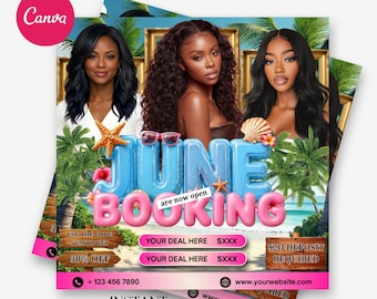 June Booking Flyer | Summer Booking Flyer | June Braids, Hair, Nails, Lashes & Makeup Flyer | Editable Canva Template | Instant Download