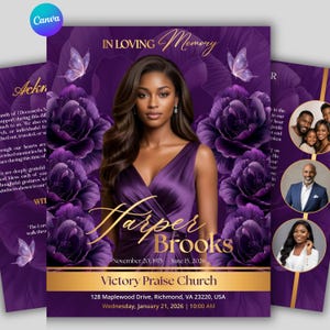 May include: A purple memorial announcement with a photo of a woman in a purple dress, surrounded by purple flowers and butterflies. The text reads "In Loving Memory" and includes the name "Harper Brooks" and event details.