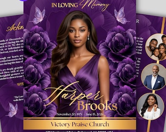 Purple Roses Funeral Program Template: 8-Page Memorial (Canva, PDF Download) Funeral Booklet program, Celebration of Life Brochure Template