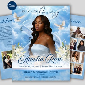 May include: A memorial service announcement featuring a portrait of a woman, Amelia Rose, against a backdrop of a sky with doves and a staircase. The announcement includes dates, a church name, and address.
