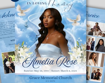 8-Page Blue Funeral Program Template, Bi-Fold Memorial Program, Obituary Template, Celebration of Life, Editable Digital Download