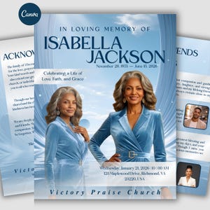 May include: A funeral program template featuring the text In Loving Memory of Isabella Jackson, November 20, 1975 – June 15, 2026. The design includes a light blue sky background and a person with gray hair wearing a blue velvet blazer with a belt.