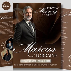 Op de afbeelding: Een uitvaartprogramma-sjabloon in bruintinten met een portret van een man in een pak, de tekst IN LOVING MEMORY OF MARCUS LORRAINE, de data AUGUST 12, 1948 – APRIL 6, 2026, en de locatie NEW HOPE BAPTIST CHURCH | ORLANDO, FLORIDA.
