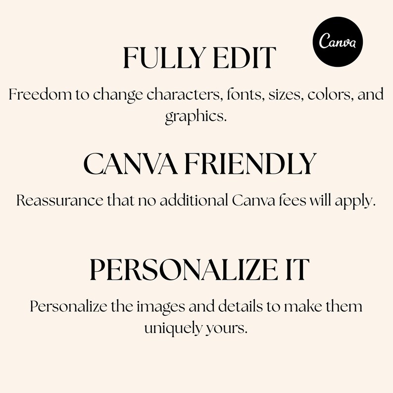 Op de afbeelding: Een cr&egrave;mekleurige afbeelding met het Canva-logo en tekst. De tekst bevat "FULLY EDIT", "CANVA FRIENDLY" en "PERSONALIZE IT", met beschrijvingen van bewerkingsopties en Canva-compatibiliteit.