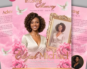 8-Page Pink Funeral Program Template, Bi-Fold Memorial Program, Obituary Template, Celebration of Life, Editable Digital Download