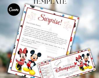 Micky und Minnie Maus Disney Überraschungsticket Bundle | Bearbeitbare Canva Disney Trip Reveal Vorlage | Disneyland Urlaub Überraschungsbrief