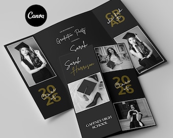 Graduation Gatefold Invitation Template Canva, Editable Graduation Invite with Photo, Black Modern Grad Invitation, Printable Announcement