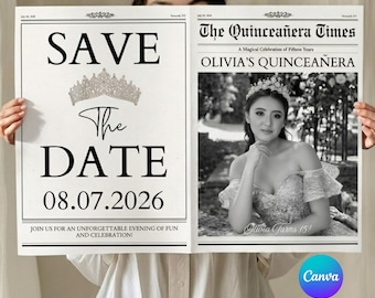 Quinceañera Save the Date Newspaper, Canva Editable Birthday Newspaper Template, Custom Newspaper Large,Photo Prop Keepsake,Digital Download