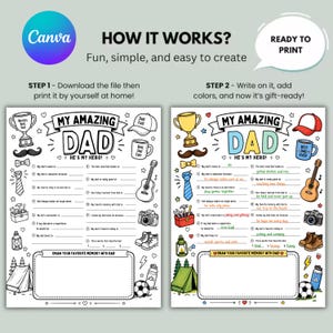 Op de afbeelding: Een printbaar activiteitenblad getiteld My Amazing Dad He's My Hero met invulvragen en illustraties van een trofee, snor, stropdas, gitaar, camera, laarzen en een tent. Het blad bevat een groot kader voor het tekenen van een herinnering.
