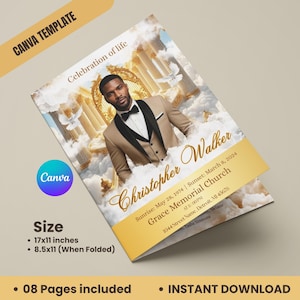 May include: A Canva template memorial program, featuring a man in a tan suit and bow tie, set against a heavenly backdrop. The program is 17x11 inches, folding to 8.5x11 inches. Text includes "Celebration of Life" and "Christopher Walker."