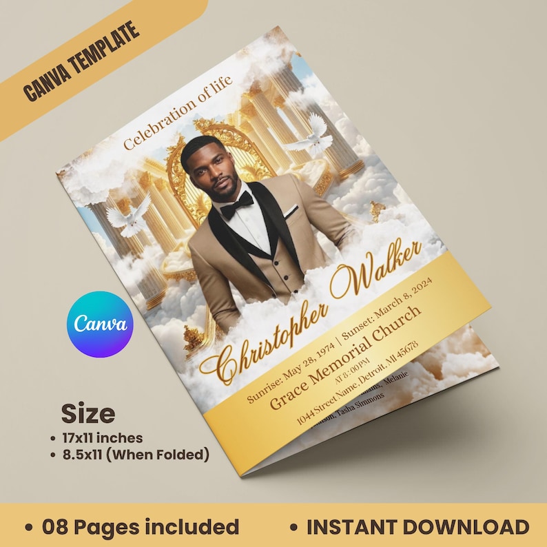 May include: A Canva template memorial program, featuring a man in a tan suit and bow tie, set against a heavenly backdrop. The program is 17x11 inches, folding to 8.5x11 inches. Text includes "Celebration of Life" and "Christopher Walker."