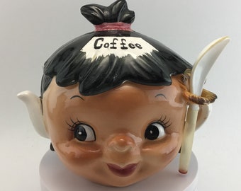 Lefton ESD Anthropomorphic Coffee Head With Spoon Instant Coffee Jar FLAWS