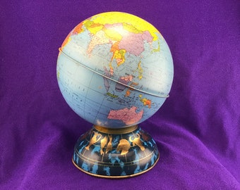 Globe Bank Metal Globe Piggy Bank World Coin Bank Litho World Globe Zodiac Astrology Base Rubber Stopper Ohio Art Co Made in USA America