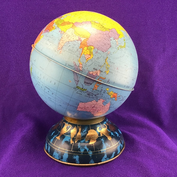 Globe Bank Metal Globe Piggy Bank World Coin Bank Litho World Globe Zodiac Astrology Base Rubber Stopper Ohio Art Co Made in USA America