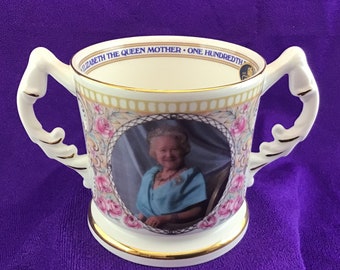 Queen Elizabeth Queen Mum 100th Birthday Loving Cup Mug Aynsley Queen Mother Two Handles