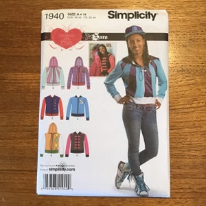 May include: Simplicity pattern 1940 for jackets, with a photo of a woman modelling a blue, purple, and white jacket. The pattern includes various jacket designs. Size A 4-16, EUR 30-42, FR 32-44. Designed by Sara.