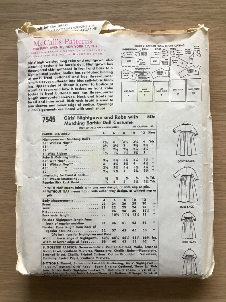 Barbie Doll and Girls Nightgown and Robe Pattern Mccalls 7545 Etsy