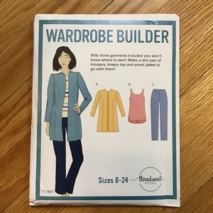 May include: A sewing pattern for a wardrobe builder with three garments: a jacket, a top, and pants. The pattern includes sizes 8-24 and is from Threadcount Patterns.