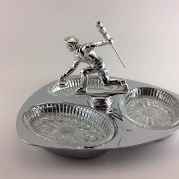 Curling Dish Curling Trophy Curling Gift Triangle With Silver Curler Figure Gourmates By Glo-Hill Candy Nuts Pickles Olives Made in Canada