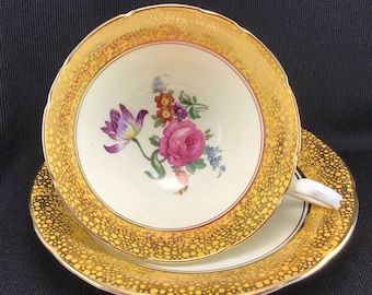 Aynsley Cup and Saucer Yellow and Gold Teacup and Saucer