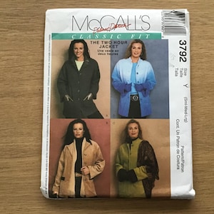 May include: McCall's Classic Fit sewing pattern for a two-hour jacket. The pattern includes four different views of the jacket, with a woman modeling each view. The pattern number is 3792 and the size is Y (Small-Medium-Large).