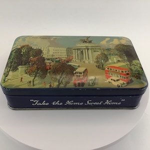 Hyde Park Corner London Toffee Tin Blue Bird Hinged Lid Made in England Harry Vincent Hunnington Worcestershire EMPTY