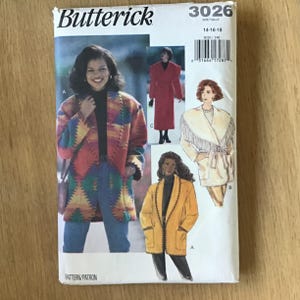 May include: Butterick sewing pattern 3026 for sizes 14-16-18. The envelope features illustrations of three jacket styles: a multi-colored geometric print jacket, a solid red long coat, a cream jacket with fringe, and a solid yellow jacket with trim.