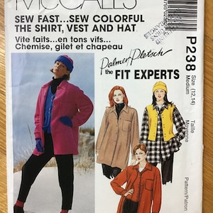 May include: McCall's sewing pattern for a shirt, vest, and hat. The pattern cover features illustrations of the garments in various colors and styles. The text includes "Sew Fast...Sew Colorful" and "Palmer Pletsch the Fit Experts."